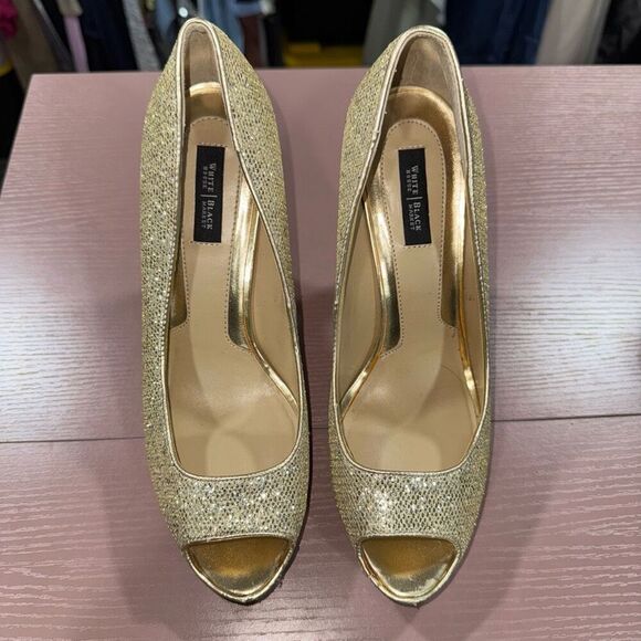 White House Black Market Dancer 8.5 gold sparkle platform stilettos - Picture 1 of 7